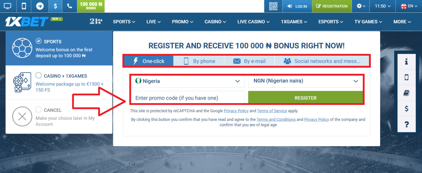 1xBet login process in Nigeria